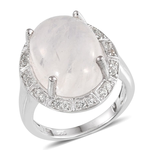 Natural Rainbow Moonstone (Ovl 9.74 Ct), Natural Cambodian Zircon Ring in Platinum Overlay Sterling 