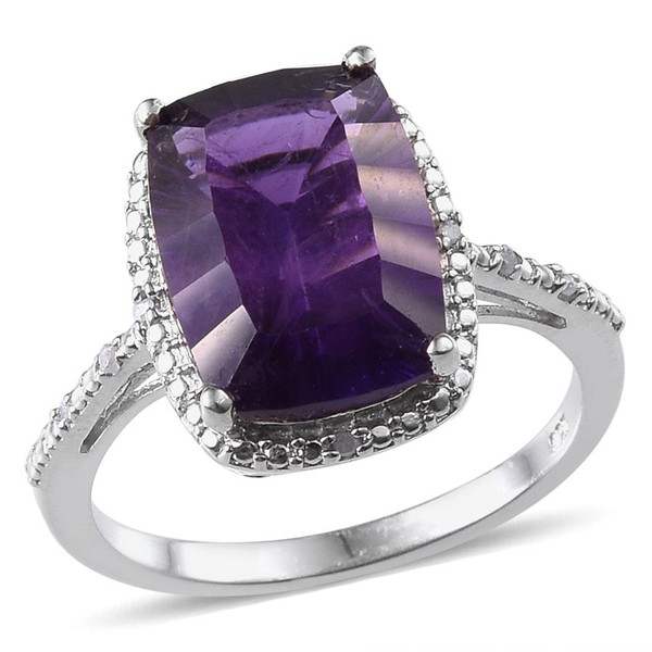Concave Cut Amethyst (Cush 6.00 Ct), Diamond Ring in Platinum Overlay Sterling Silver 6.050 Ct.