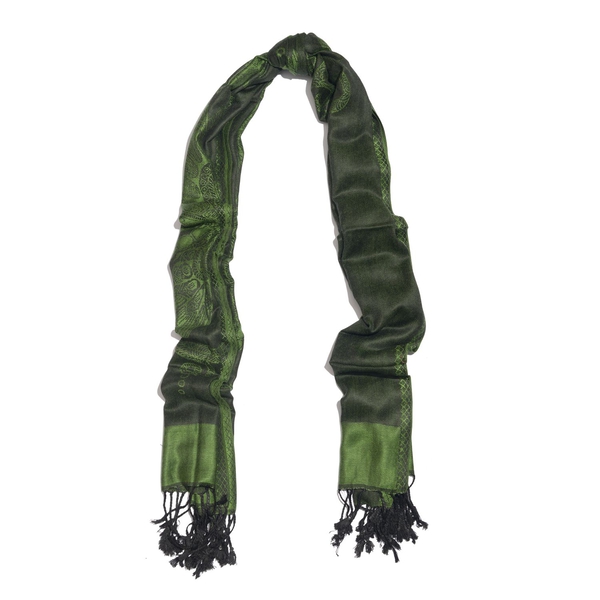 Limited Edition- Designer Inspired-Green and Black Colour Dragonfly Pattern Jacquard Scarf with Tassels (Size 180X70 Cm)