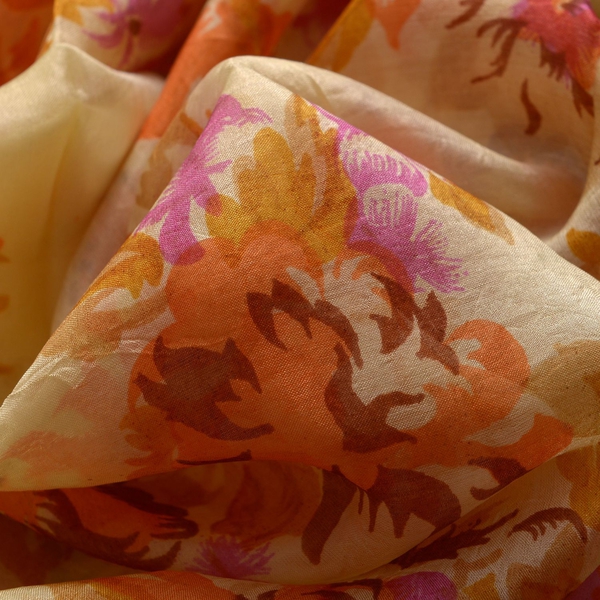 SILK MARK - Made in Kashmir 100% Silk Yellow, Orange and Multi Colour Leaves and Floral Pattern Scarf (Size 170x50 Cm)