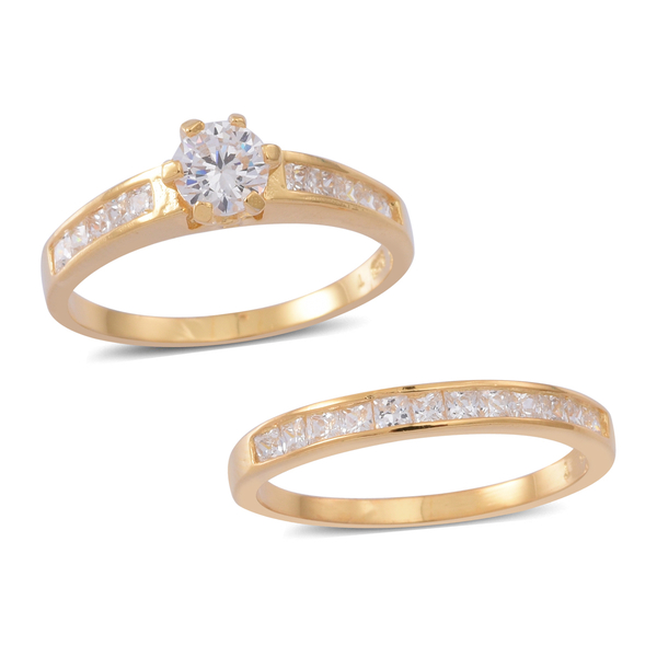 ELANZA AAA Simulated White Diamond (Rnd) 2 Ring Set in 14K Gold Overlay Sterling Silver