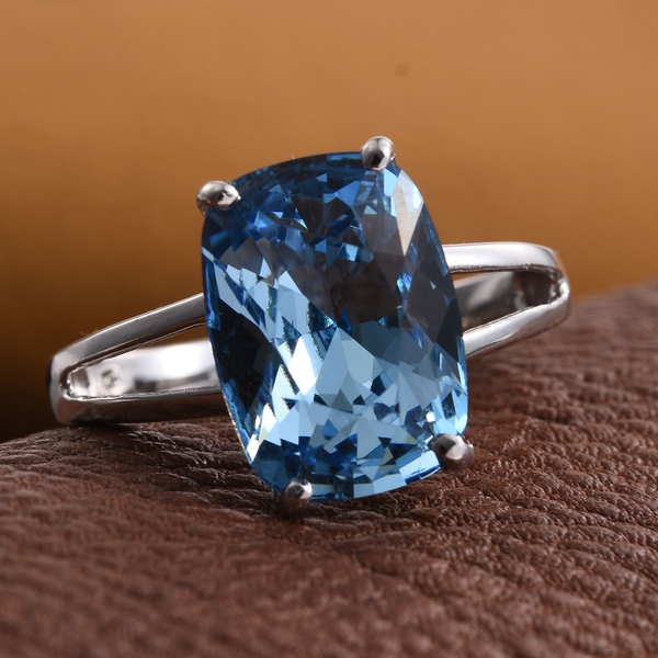 - Aquamarine Colour Crystal (Cush) Solitaire Ring in Platinum Overlay Sterling Silver