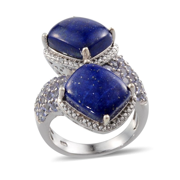 Lapis Lazuli (Cush), Tanzanite and Diamond Crossover Ring in Platinum Overlay Sterling Silver 13.170