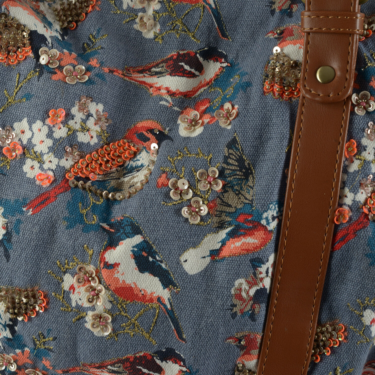 100 % Cotton Multi Colour Birds and Floral Pattern Tote Bag With Sequins and Shoulder Strap (Size 45x30x20 Cm)