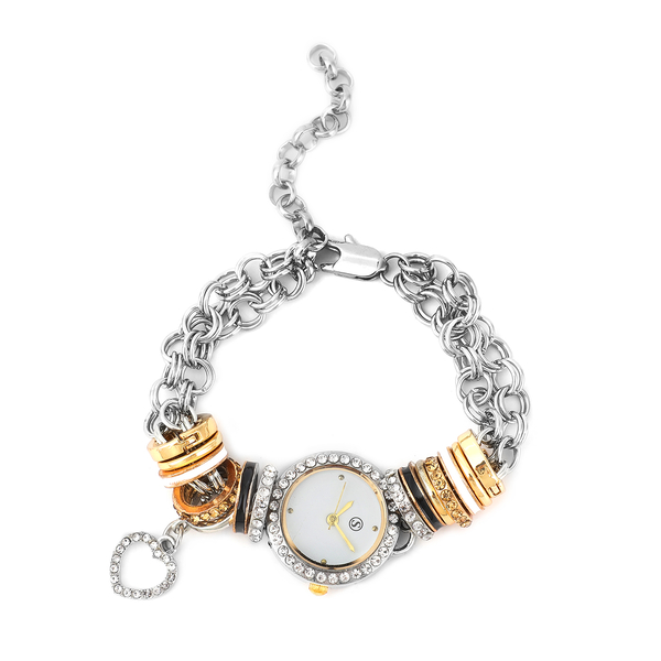 STRADA Japanese Movement White Dial White & Champagne Crystal Studded Water Resistant Bracelet Watch