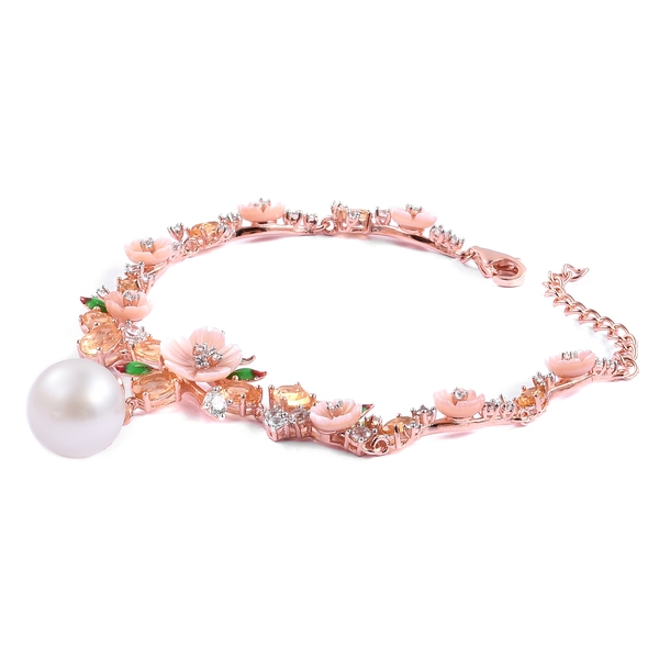 Jardin Collection - South Sea White Pearl (Rnd 12-12.5mm), Citrine and Multi Gemstone Buttercup flower Bracelet (Size 6.5 with 1.5 inch Extender) in Rose Gold Overlay Sterling Silver