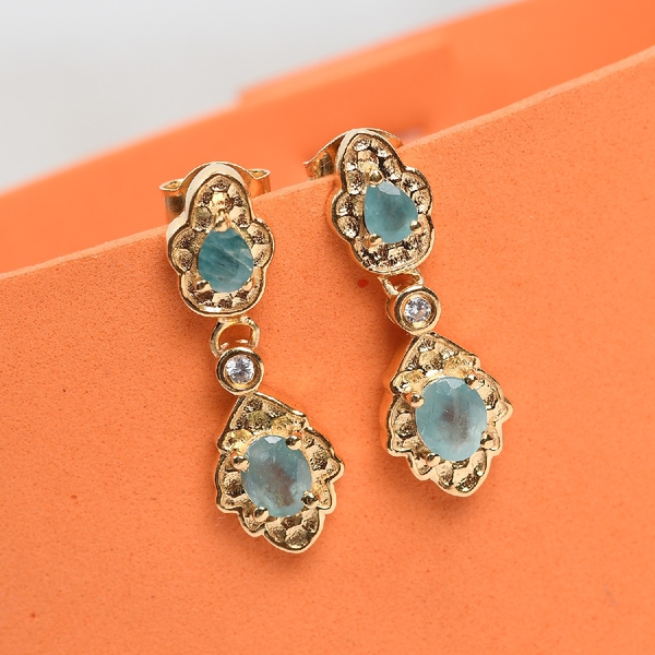 Grandidierite and Natural Cambodian Zircon Dangling Earrings (with Push Back) in 14K Gold Overlay Sterling Silver 1.06 Ct.