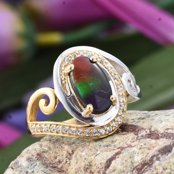 AA Canadian Ammolite (Ovl 12x7mm), Natural Cambodian Zircon Ring in Platinum and Yellow Gold Overlay Sterling Silver 2.250 Ct.
