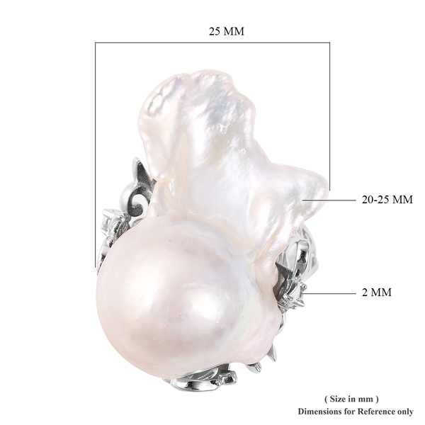 Baroque Fresh Water Pearl and Natural Cambodian White Zircon Ring in Rhodium Overlay Sterling Silver, Silver wt 5.25 Gms