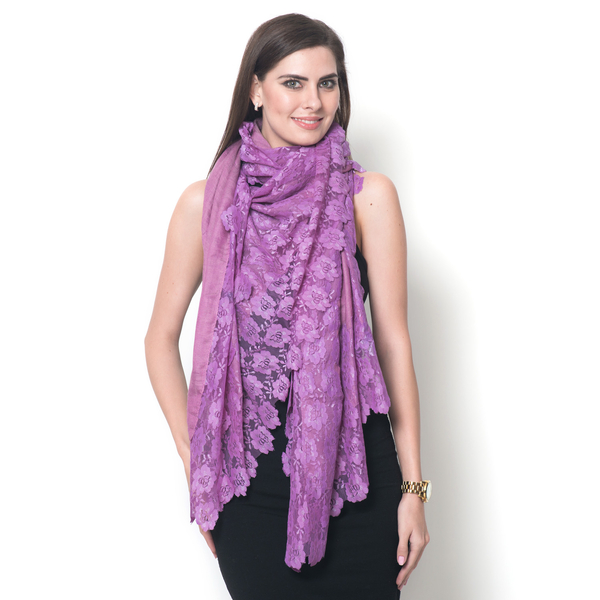 Hand Knitted - (50% Mulberry Silk and 50% Merino Wool) Purple Colour Scarf with Floral Lace Border (