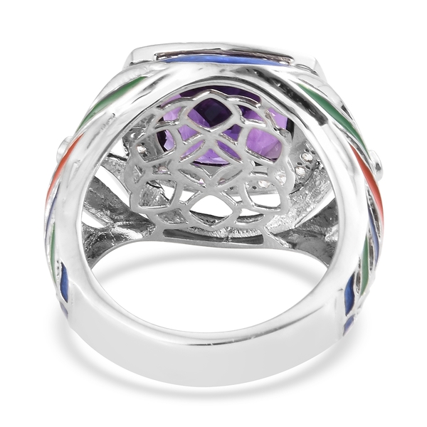 Lusaka Amethyst (Cush 7.50 Ct), Natural Cambodian Zircon Multi Colour Enameled Feather Ring in Platinum Overlay Sterling Silver 8.000 Ct. Silver wt 8.07 Gms.