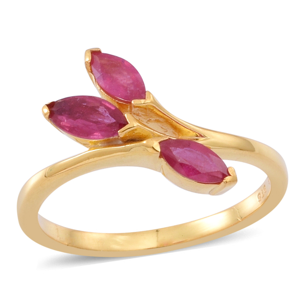 African Ruby (Mrq 0.55 Ct) 3 Stone Crossover Ring in Yellow Gold Overlay Sterling Silver 1.250 Ct.