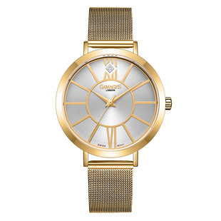 GAMAGES OF LONDON Ladies Heritage Swiss Quartz Movement White Dial Diamond Studded Water Resistant Watch with Mesh Bracelet in Yellow Gold Tone