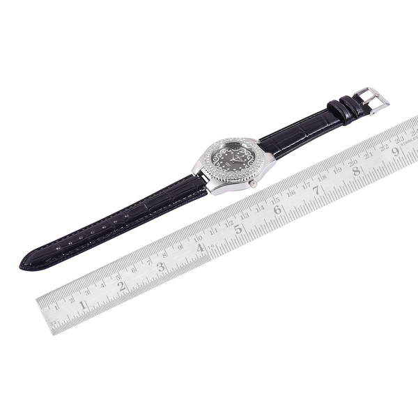 STRADA Japanese Movement White Austrian Crystal Studded Black Dial Water Resistant Watch in Silver Tone with Stainless Steel Back and Black Strap