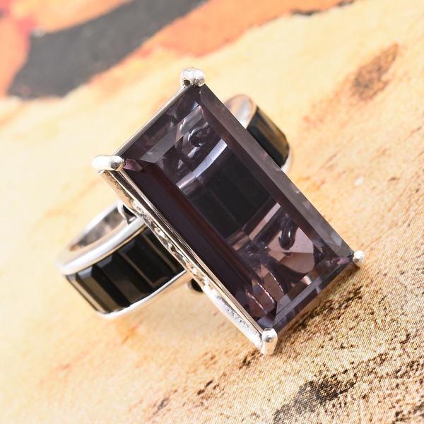 Alexandria Quartz (Bgt 12.25 Ct), Boi Ploi Black Spinel Ring in Platinum Overlay Sterling Silver 16.250 Ct.