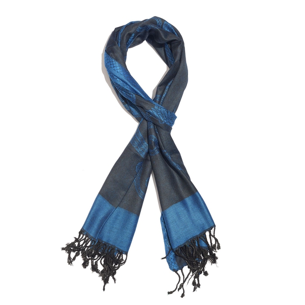 Limited Edition- Designer Inspired-Blue and Black Colour Dragonfly Pattern Jacquard Scarf with Tasse