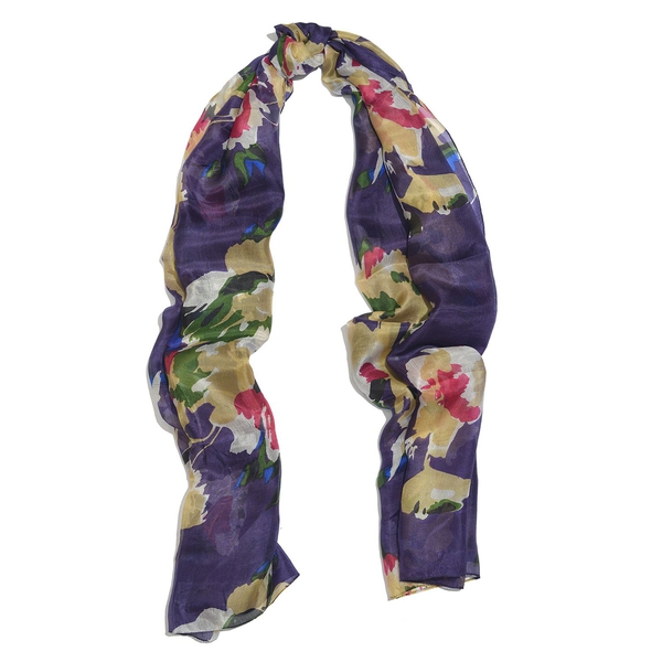 100% Mulberry Silk Purple, Beige and Multi Colour Handscreen Printed Scarf (Size 200x180 Cm)