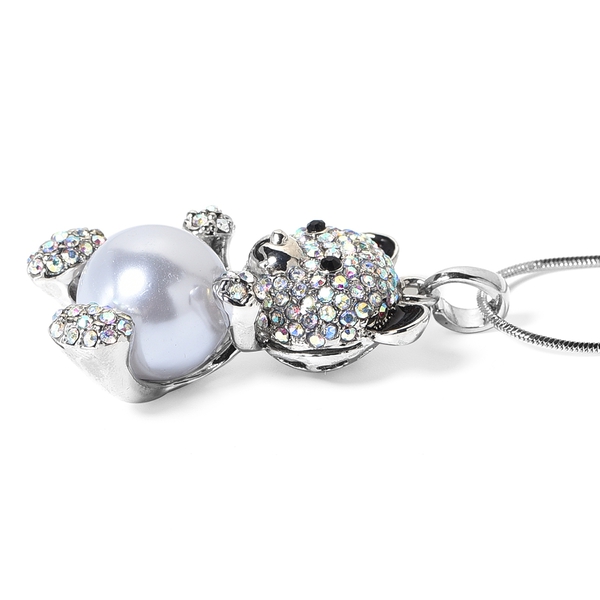 Simulated Pearl (Rnd), Magic Colour Austrian Crystal and Black Austrian Crystal Teddy Bear Pendant with Chain (Size 29 and 2.5 inch Extender) in Silver Tone