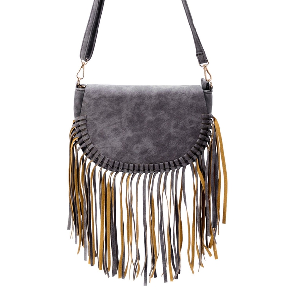 Dark Grey Colour Crossbody Bag with Tassels and Adjustable and Removable Shoulder Strap (Size 25.5x1