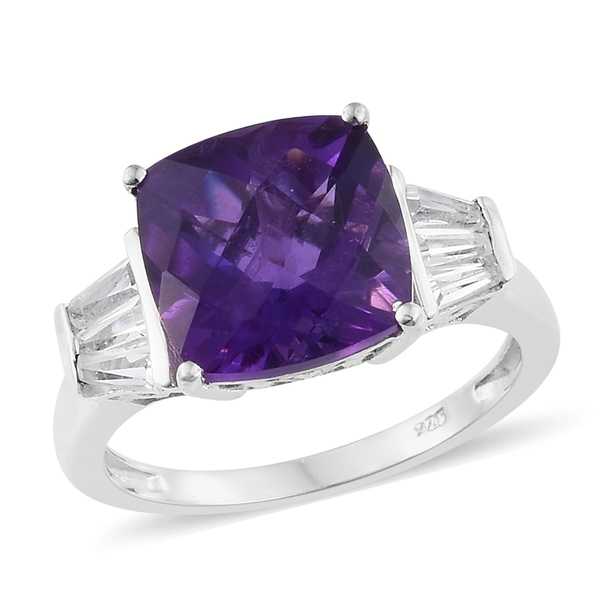 CHECKERBOARD CUT Lusaka Amethyst (Cush 5.50 Ct), White Topaz Ring in Platinum Overlay Sterling Silve