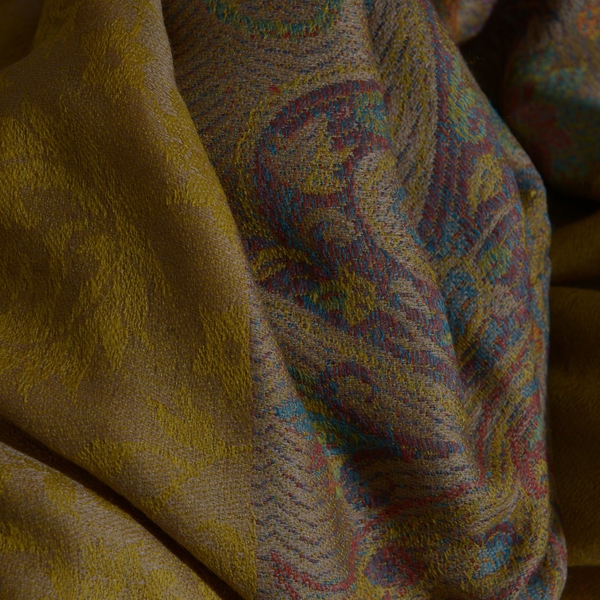 88% Merino Wool and 12% Silk Yellow and Multi Colour Scarf with Fringes (Size 180x70 Cm)