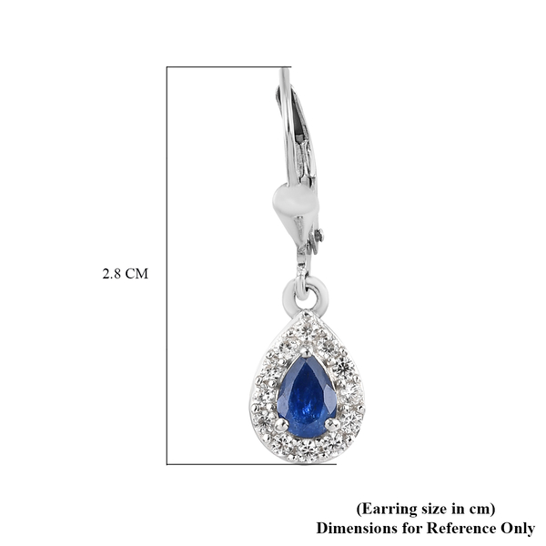 Natural Blue Sapphire and Natural Cambodian Zircon Lever Back Earrings in Platinum Overlay Sterling Silver 1.48 Ct.
