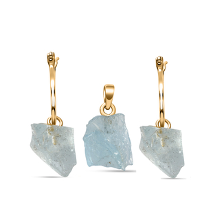 2 Piece Set - Aquamarine Pendant and Detachable Hoop Earrings with Clasp in 14K Gold Overlay Sterlin