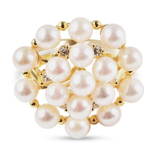 Japanese Akoya Pearl and Natural Cambodian Zircon Ring in Yellow Gold Overlay Sterling Silver, Silve