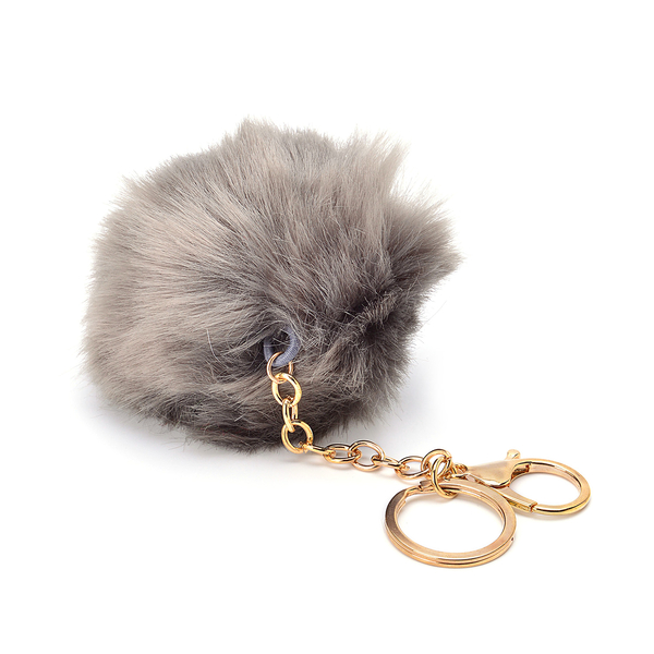 Set of 2 -  Faux Fur Grey and Chocolate Colour Fluffy Pom Pom Key Chain in Gold Tone (Size 10 Cm)