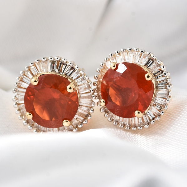 Signature Collection-ILIANA 18K Yellow Gold Extremely Rare AAAA Jalisco Fire Opal (Rnd), Diamond (SI/G-H) Stud Earrings (with Screw Back) 2.21 Ct.