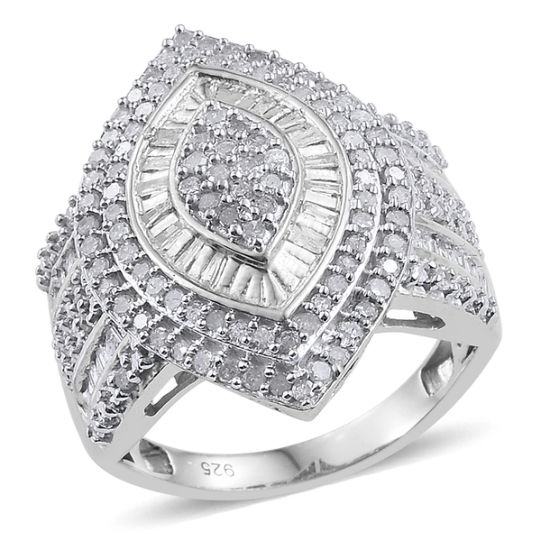 1.02 Ct Diamond Cluster Ring in Platinum Plated Silver 8 Grams