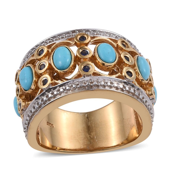 Arizona Sleeping Beauty Turquoise (Ovl), Kanchanaburi Blue Sapphire Ring in 14K Gold Overlay Sterlin