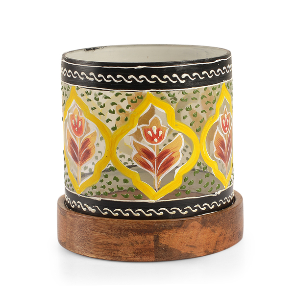 Yellow, Grey and Multi Colour Floral and Leaves Hand Painted Candle Stand with Wooden Base (Size 12.