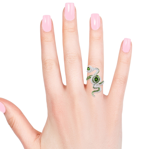Limited Edition - Designer Inspired Chrome Diopside (Rnd), Natural White Cambodian Zircon Snake Ring in Rhodium Plated with Enameld Sterling Silver 1.820 Ct. Silver wt 5.77 Gms.