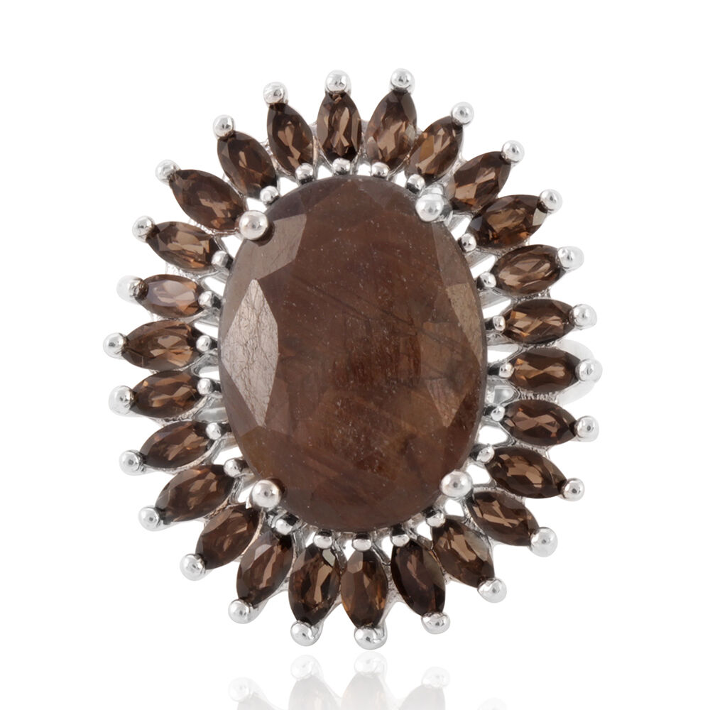 Chocolate Sapphire (Ovl 10.80 Ct), Brazilian Smoky Quartz Ring in Rhodium Plated Sterling Silver 13.