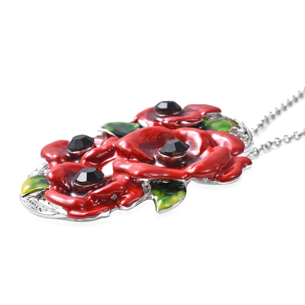 TJC Poppy Design Black and White Austrian Crystal (Rnd) Poppy Flowers Pendant with Chain (Size 24) in Stainless Steel