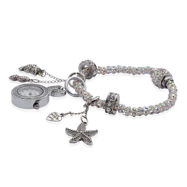 STRADA Japanese Movement AB White Austrian Crystal Stainless Steel Back Watch with 6 Charms on Popcorn Bracelet and Magnetic Clasp in Silver Tone