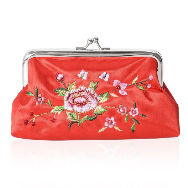 3 Piece Set - Floral Embroidery Pattern Cosmetic Organiser (Includes Compact Mirror, Lipstick Case and Coin Purse) - Red