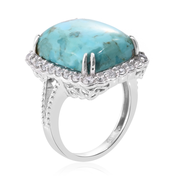 Arizona Matrix Turquoise (Cush 13.30 Ct), Natural Cambodian Zircon Ring in Platinum Overlay Sterling Silver 15.500 Ct.