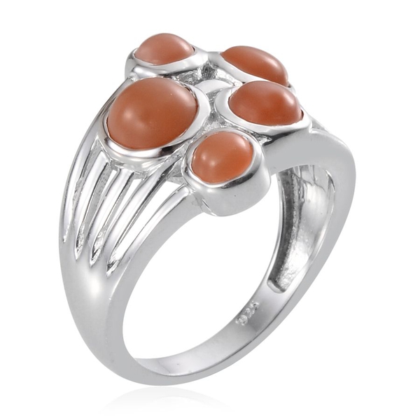 Mitiyagoda Peach Moonstone (Rnd 1.00 Ct) 5 Stone Ring in Platinum Overlay Sterling Silver 2.750 Ct.