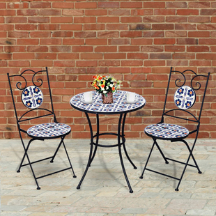 3 Piece Set - Floral Pattern Mosaic Desk (Size:60x60x70Cm) and 2 Chairs (Size:39x44x90Cm) - White and Multi