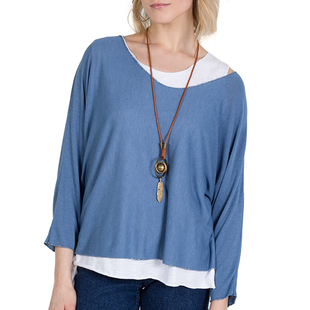 Made in Italy- NOVA of the London Long Sleeve Top in Denim Blue and White Colour (Size up to 16) with Necklace
