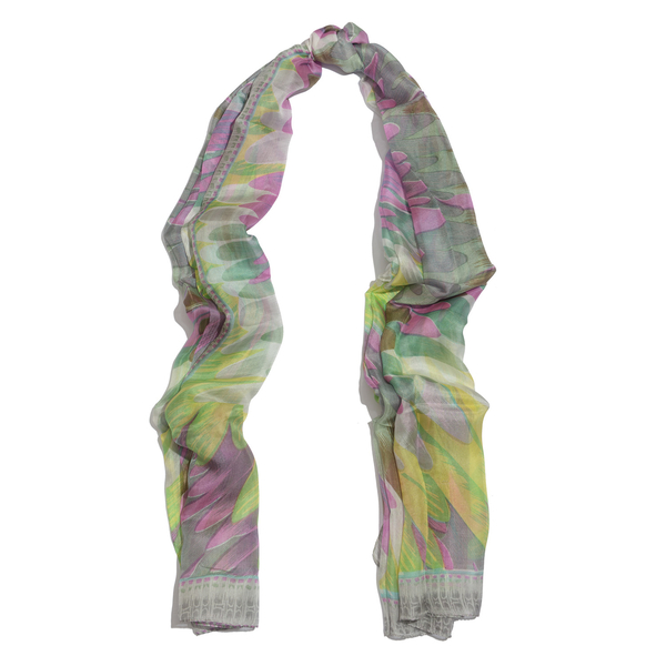100% Mulberry Silk Green, Pink and Multi Colour Abstract Pattern Grey Colour Scarf (Size 180x100 Cm)