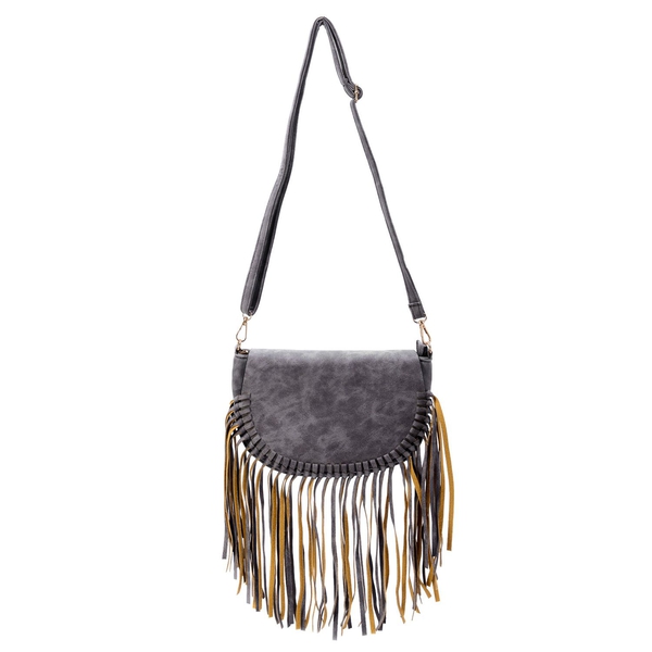 Dark Grey Colour Crossbody Bag with Tassels and Adjustable and Removable Shoulder Strap (Size 25.5x17.5x8.5 Cm)