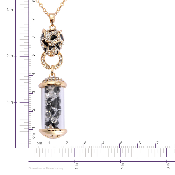 Black and White Austrian Crystal Enameled Leopard Face with kaleidoscope Pendant With Chain (Size 26) in Gold Tone