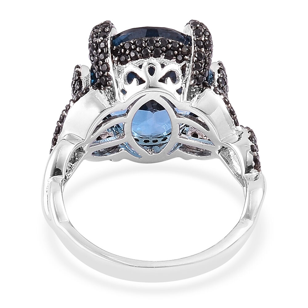 Designer Inspired- London Blue Topaz (Ovl 11.25 Ct), Boi Ploi Black Spinel Cocktail Ring in Rhodium Plated Sterling Silver 12.580 Ct. Number of Gemstone 205