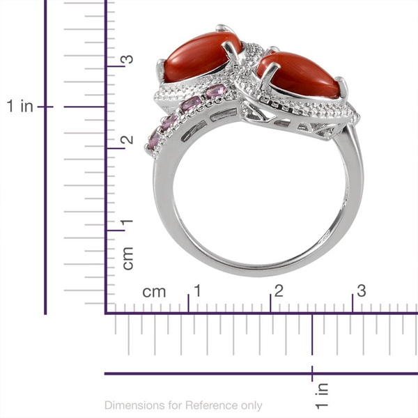 Natural Mediterranean Coral (Pear), Pink Sapphire Crossover Ring in Platinum Overlay Sterling Silver 3.000 Ct.