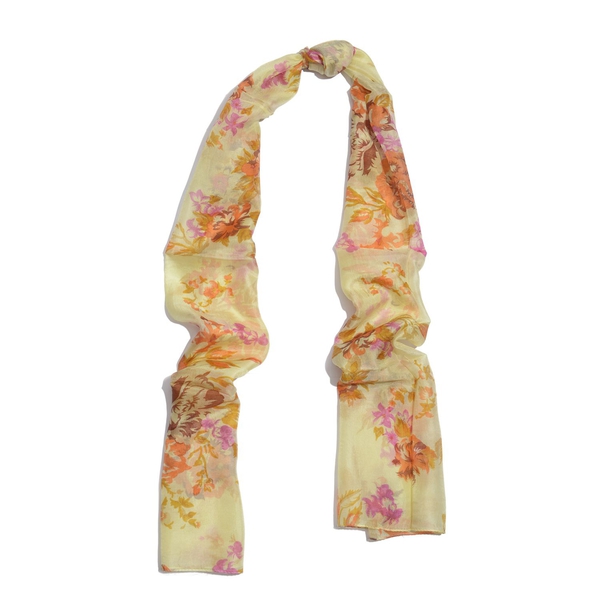 SILK MARK - Made in Kashmir 100% Silk Yellow, Orange and Multi Colour Leaves and Floral Pattern Scarf (Size 170x50 Cm)