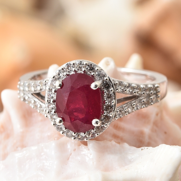 African Ruby (Ovl 2.70 Ct), Natural Cambodian Zircon Ring in Platinum Overlay Sterling Silver 3.500 Ct.