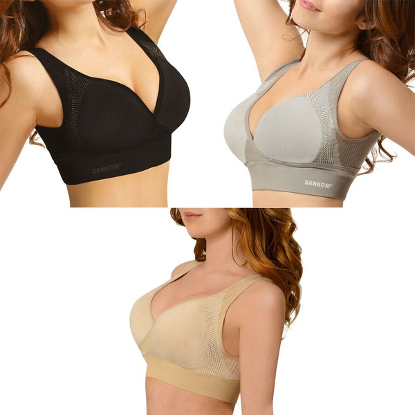 3 Piece Set- SANKOM SWITZERLAND Patent Support & Posture Bra with (Cooling Extra Strong), (Bamboo Hypoallergenic) and (Aloe Vera Soft Touch Fibers (M/L)